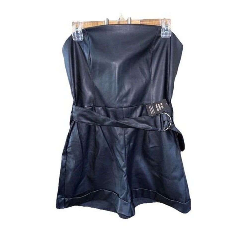 Express Faux Leather Romper Black New Strapless Pockets Belted Lined Cuffed 14